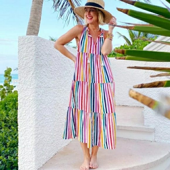 JCrew Rainbow Tiered Striped Flowy Cotton Midi Dress SZ XXS - Picture 5 of 5